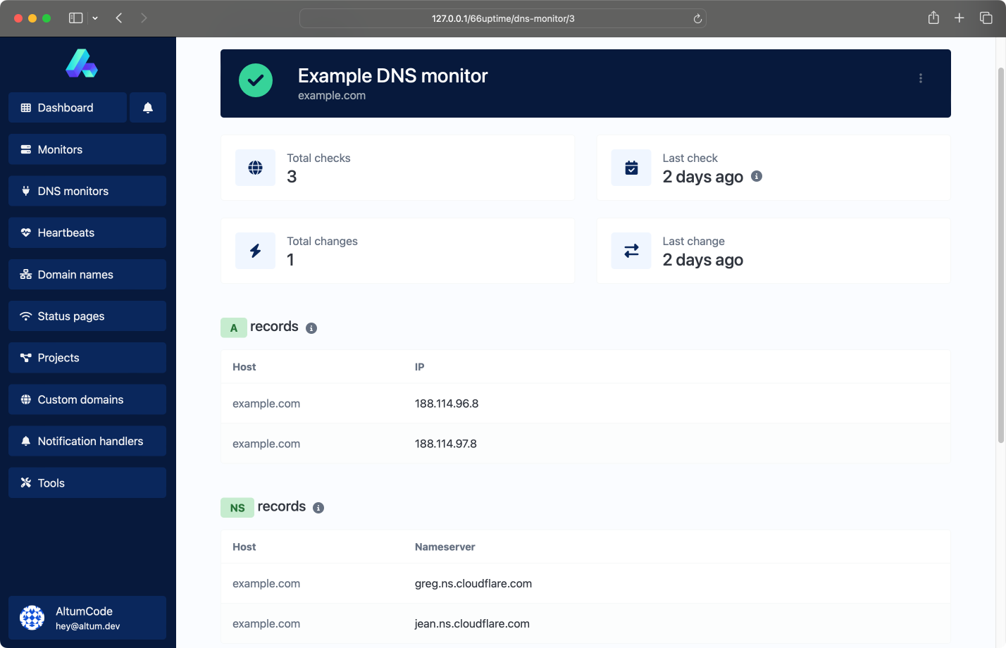 Uygulamanın DNS izleme sayfasının ekran görüntüsü